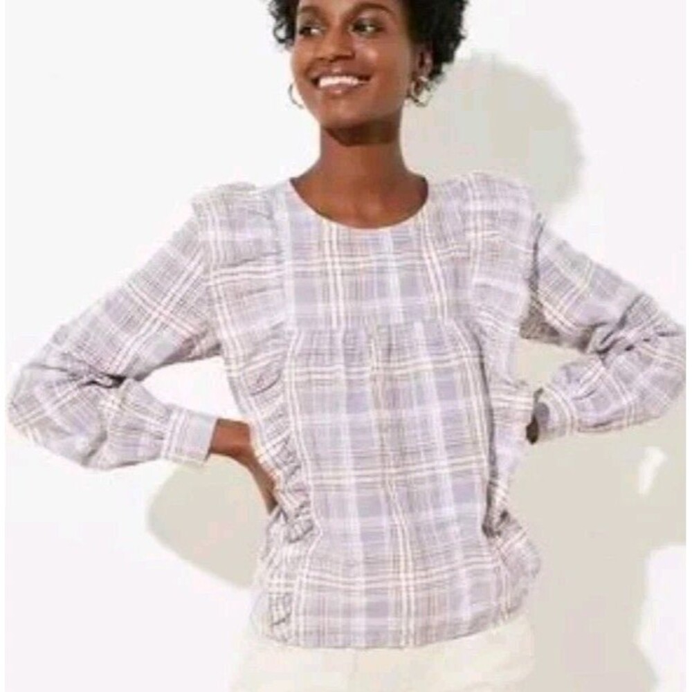 Loft Blouse Woman Plus 22 Plaid Ruffle‎ Popover Long Sleeve Top